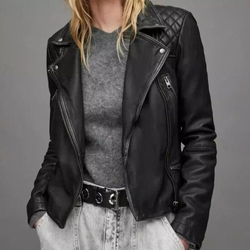 AllSaints Catch Biker Jacket‎ Black Leather Quilted UK 6 / US 2